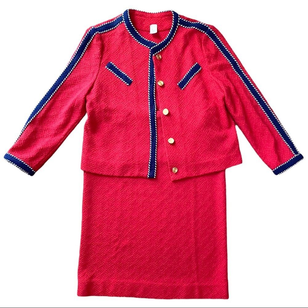 Vintage CHANEL Style Red Tweed Suit Jacket & Skirt
